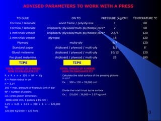10
TO GLUE
Formica / laminate
Formica / laminate
1 mm thick veneer
3 mm thick veneer
Plywood
Standard paper
Glued melamine
Pre glued melamine
ON TO
wood frame / polystyrene
chipboard/ plywood/multi-ply/hollow core*
chipboard/ plywood/multi-ply/hollow core*
plywood
multy-ply
chipboard / plywood / multi-ply
chipboard / plywood / multi-ply
chipboard / plywood / multi-ply
PRESSURE (kg/CM2)
1
2
2,5/4
18
6/7
3/5
10/12
25
TEMPERATURE °C
60
60
120
120
120
8'
120
180
ADVISED PARAMETERS TO WORK WITH A PRESS
TIPS TIPS
TOTAL THRUST OF A PRESS:
HOW TO CALCULATE IT?
R x R x π x 350 x NP = Kg
R = Piston radius in cm
π = 3,14
350 = max. pressure of hydraulic unit in bar
NP = number of pistons
I.E.: press platen dimension:
3000x1300 mm, 6 pistons ø 85 mm :
4.25 x 4.25 x 3.14 x 350 x 6 = ~ 120,000
kg
120.000 Kg/1000 = 120 Tons
TOTAL THRUST OF A PRESS:
HOW TO CALCULATE IT?
Calculate the total surface of the pressing platens
in cm²
Ex. : 300 x 130 = 39,000 cm²
Divide the total thrust by he surface
Ex.: 120,000 : 39,000 = 3.07 kg/cm²
 