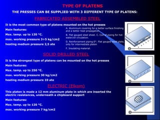 5
TYPE OF PLATENS
THE PRESSES CAN BE SUPPLIED WITH 3 DIFFERENT TYPE OF PLATENS:
FABRICATED ASSEMBLED STEEL
It is the most common type of platens mounted on the hot presses
Main features:
Max. temp. up to 120 °C.
max. working pressure 3÷5 kg/cm2
heating medium pressure 2,5 ate
SOLID DRILLED STEEL
It is the strongest type of platens can be mounted on the hot presses
Main features:
Max. temp. up to 250 °C.
max. working pressure 30 kg/cm2
heating medium pressure 10 ate
A. Aluminium covering for a better surface finishing
and a better heat propagation.
B. Flat gauged steel sheet. C. Coil of piping for hot
water/oil circulation.
D. Reinforcement piping E*. Flat gauged steel plate,
only for intermediate platen
F. Insulating material.
ELECTRIC (Elkom)
This platen is made a 12 mm aluminum plate in which are inserted the
electric resistances, underneath a chipboard support
Main features:
Max. temp. up to 120 °C.
max. working pressure 7 kg/cm2
 