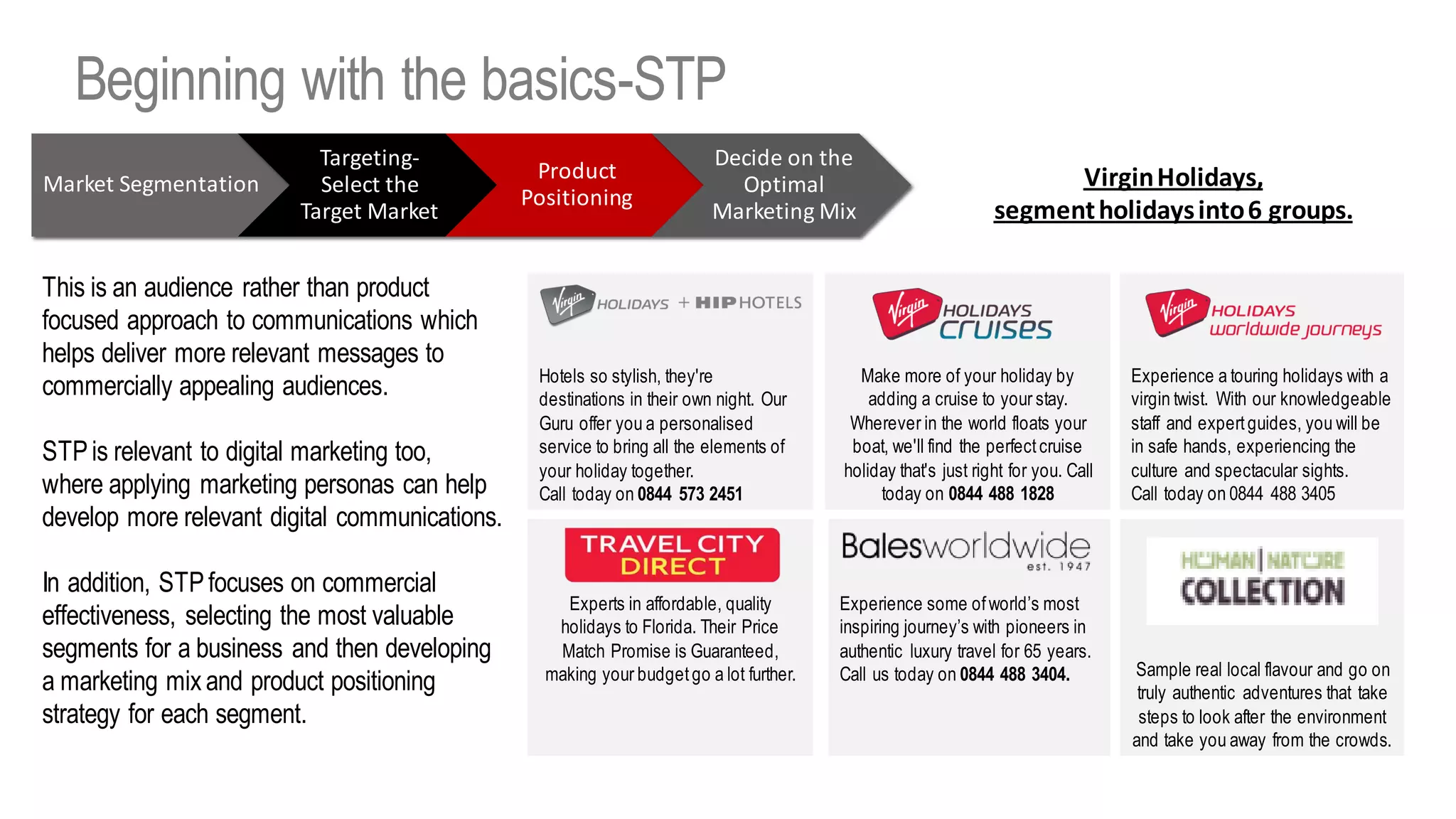 Beginning with the basics-STP
This is an audience rather than product
focused approach to communications which
helps deliver more relevant messages to
commercially appealing audiences.
STPis relevant to digital marketing too,
where applying marketing personas can help
develop more relevant digital communications.
In addition, STPfocuses on commercial
effectiveness, selecting the most valuable
segments for a business and then developing
a marketing mix and product positioning
strategy for each segment.
VirginHolidays,
segmentholidaysinto6 groups.
Market Segmentation
Targeting-
Select the
Target Market
Product
Positioning
Decide on the
Optimal
Marketing Mix
Hotels so stylish, they're
destinations in their own night. Our
Guru offer you a personalised
service to bring all the elements of
your holiday together.
Call today on 0844 573 2451
Make more of your holiday by
adding a cruise to your stay.
Wherever in the world floats your
boat, we'll find the perfectcruise
holiday that's just right for you. Call
today on 0844 488 1828
Experience a touring holidays with a
virgin twist. With our knowledgeable
staff and expertguides, you will be
in safe hands, experiencing the
culture and spectacular sights.
Call today on 0844 488 3405
Experts in affordable, quality
holidays to Florida. Their Price
Match Promise is Guaranteed,
making your budgetgo a lot further.
Experience some ofworld’s most
inspiring journey’s with pioneers in
authentic luxury travel for 65 years.
Call us today on 0844 488 3404. Sample real local flavour and go on
truly authentic adventures that take
steps to look after the environment
and take you away from the crowds.
 