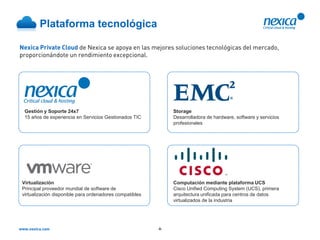 Plataforma tecnológica

Nexica Private Cloud de Nexica se apoya en las mejores soluciones tecnológicas del mercado,
proporcionándote un rendimiento excepcional.




 Gestión y Soporte 24x7                                        Storage
 15 años de experiencia en Servicios Gestionados TIC           Desarrolladora de hardware, software y servicios
                                                               profesionales




Virtualización                                                 Computación mediante plataforma UCS
Principal proveedor mundial de software de                     Cisco Unified Computing System (UCS), primera
virtualización disponible para ordenadores compatibles         arquitectura unificada para centros de datos
                                                               virtualizados de la industria




                                                         -8-
 