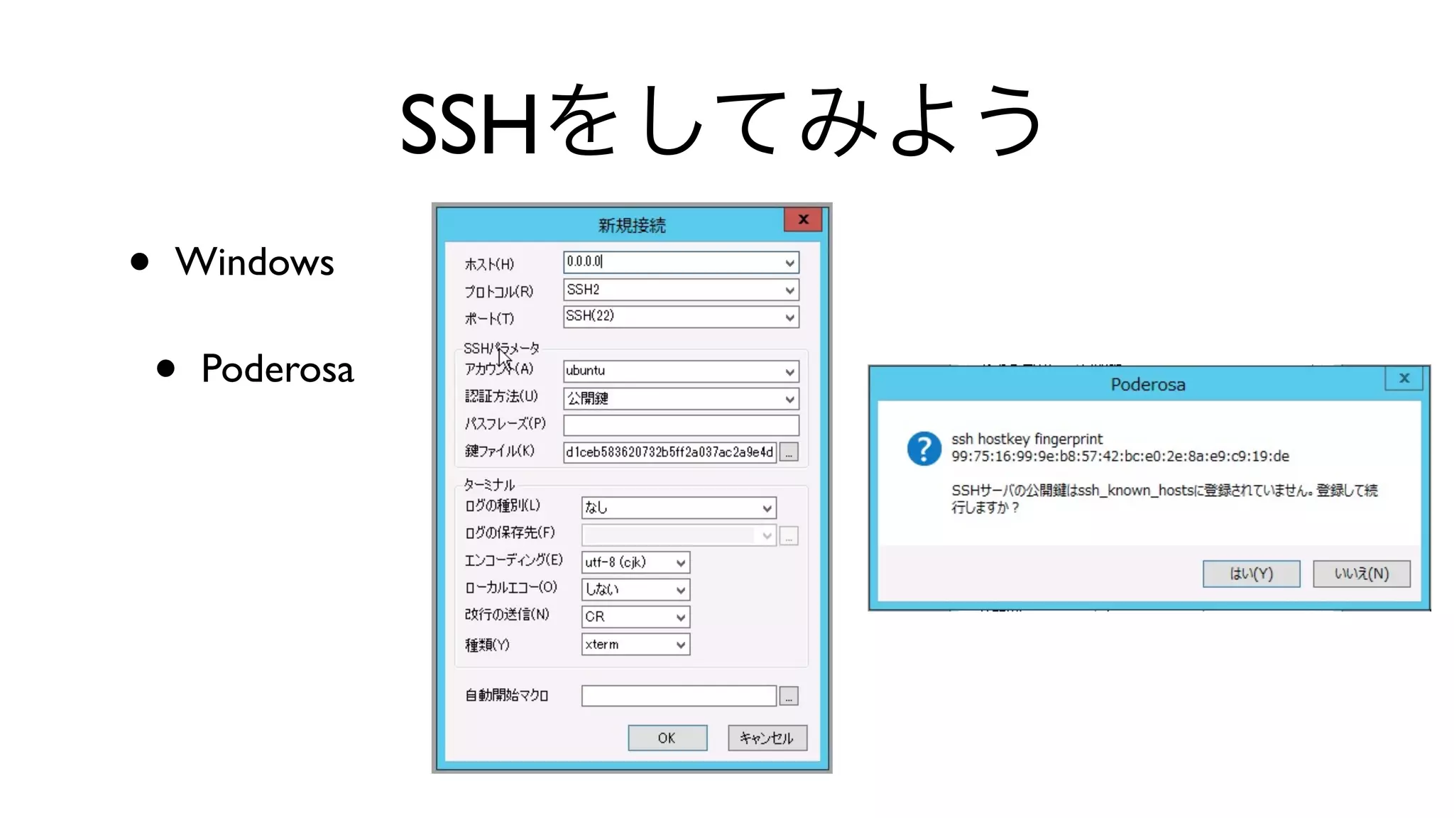 SSHをしてみよう
• Windows 
• Poderosa 
 