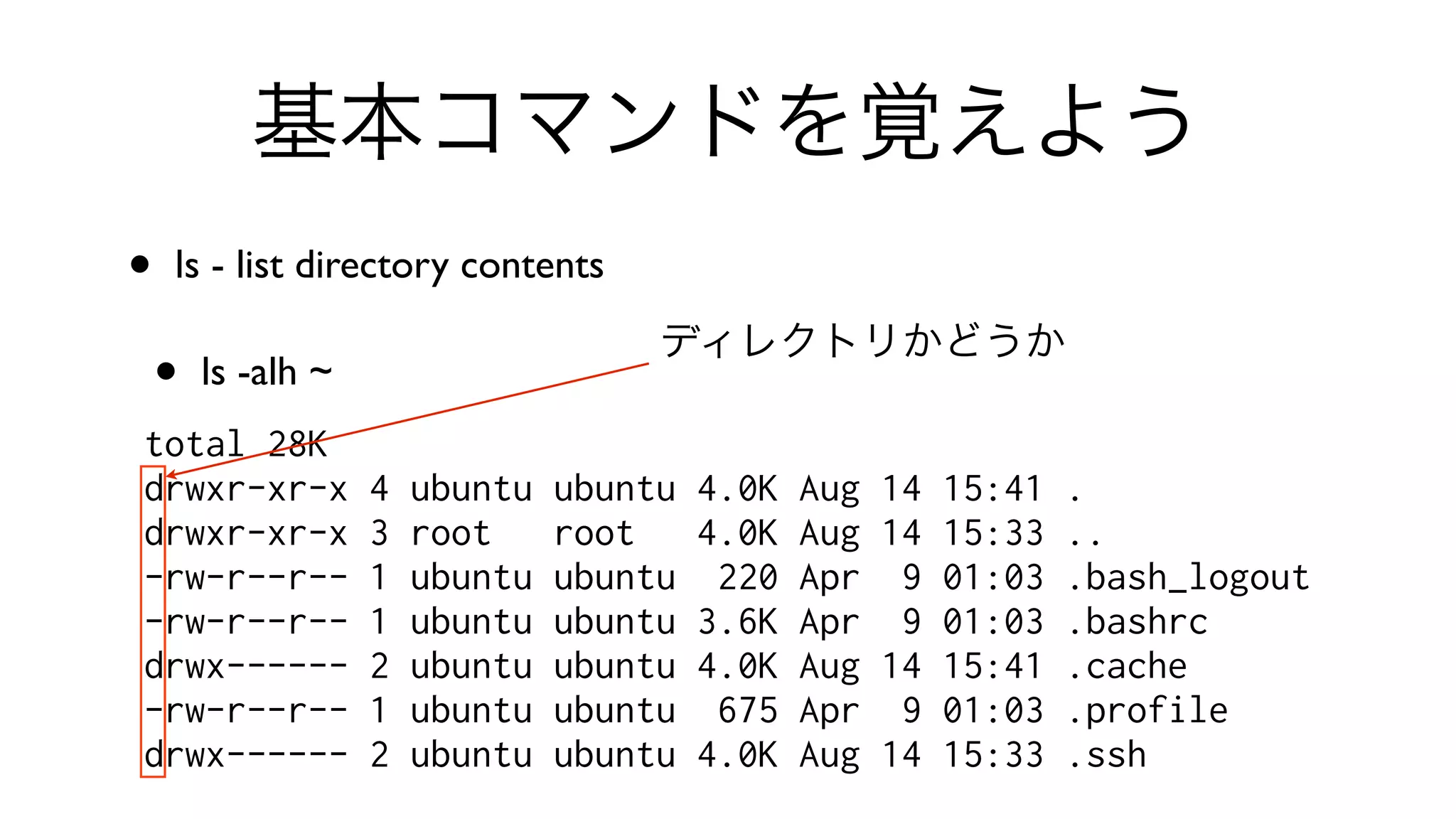 基本コマンドを覚えよう
• ls - list directory contents 
• ls -alh ~
total 28K
drwxr-xr-x 4 ubuntu ubuntu 4.0K Aug 14 15:41 .
drwxr-xr-x 3 root root 4.0K Aug 14 15:33 ..
-rw-r--r-- 1 ubuntu ubuntu 220 Apr 9 01:03 .bash_logout
-rw-r--r-- 1 ubuntu ubuntu 3.6K Apr 9 01:03 .bashrc
drwx------ 2 ubuntu ubuntu 4.0K Aug 14 15:41 .cache
-rw-r--r-- 1 ubuntu ubuntu 675 Apr 9 01:03 .profile
drwx------ 2 ubuntu ubuntu 4.0K Aug 14 15:33 .ssh
ディレクトリかどうか
 