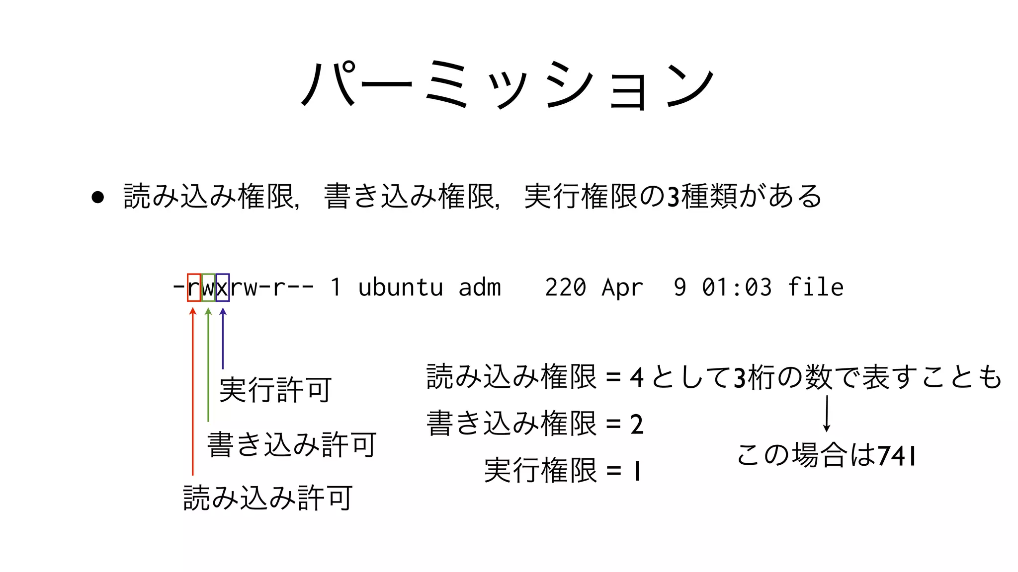 パーミッション
• 読み込み権限，書き込み権限，実行権限の3種類がある
-rwxrw-r-- 1 ubuntu adm 220 Apr 9 01:03 file
読み込み許可
書き込み許可
実行許可 読み込み権限 = 4
書き込み権限 = 2
実行権限 = 1
として3桁の数で表すことも
この場合は741
 