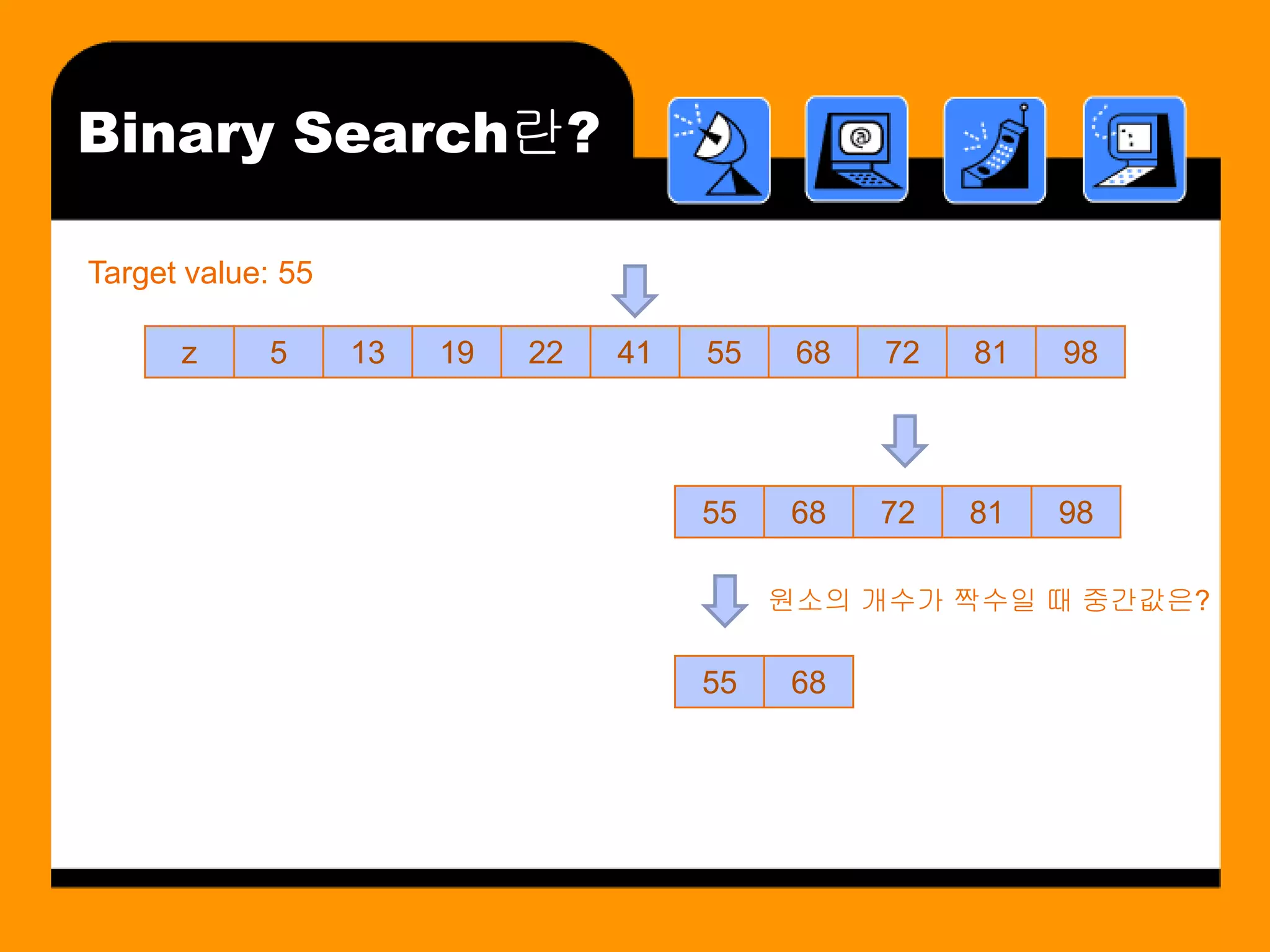 Binary Search란?

Target value: 55

      z     5      13   19   22   41   55    68   72   81   98




                                       55    68   72   81   98

                                            원소의 개수가 짝수일 때 중간값은?

                                       55    68
 