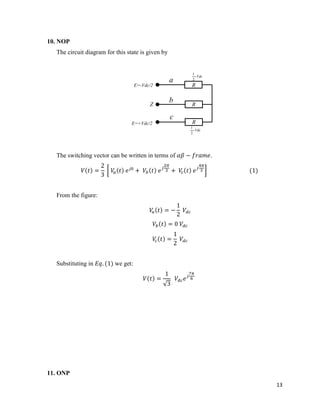 13
10. NOP
The circuit diagram for this state is given by
E=+Vdc/2
E=-Vdc/2 R
R
R
Z
Vdc
2
1
Vdc
2
1
a
b
c
The switching vector can be written in terms of .
From the figure:
Substituting in we get:
11. ONP
 