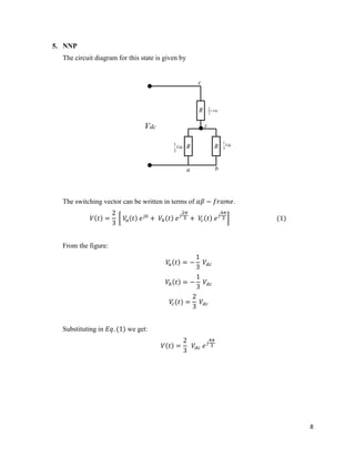 8
5. NNP
The circuit diagram for this state is given by
R
R R
Z
Vdc
3
2
Vdc
3
1
Vdc
3
1
Vdc
c
ba
The switching vector can be written in terms of .
From the figure:
Substituting in we get:
 