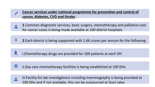 Cancer services under national programme for prevention and control of
cancer, diabetes, CVD and Stroke :
1.Common diagnostic services, basic surgery, chemotherapy and palliative care
for cancer cases is being made available at 100 district hospitals.
2.Each district is being supported with 1.66 crores per annum for the following:
i.Chemotherapy drugs are provided for 100 patients at each DH
ii.Day care chemotherapy facilities is being established at 100 DHs
iii.Facility for lab investigations including mammography is being provided at
100 DHs and if not available, this can be outsourced at Govt rates
 