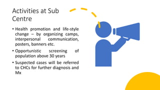 Activities at Sub
Centre
• Health promotion and life-style
change – by organizing camps,
interpersonal communication,
posters, banners etc.
• Opportunistic screening of
population above 30 years
• Suspected cases will be referred
to CHCs for further diagnosis and
Mx
 