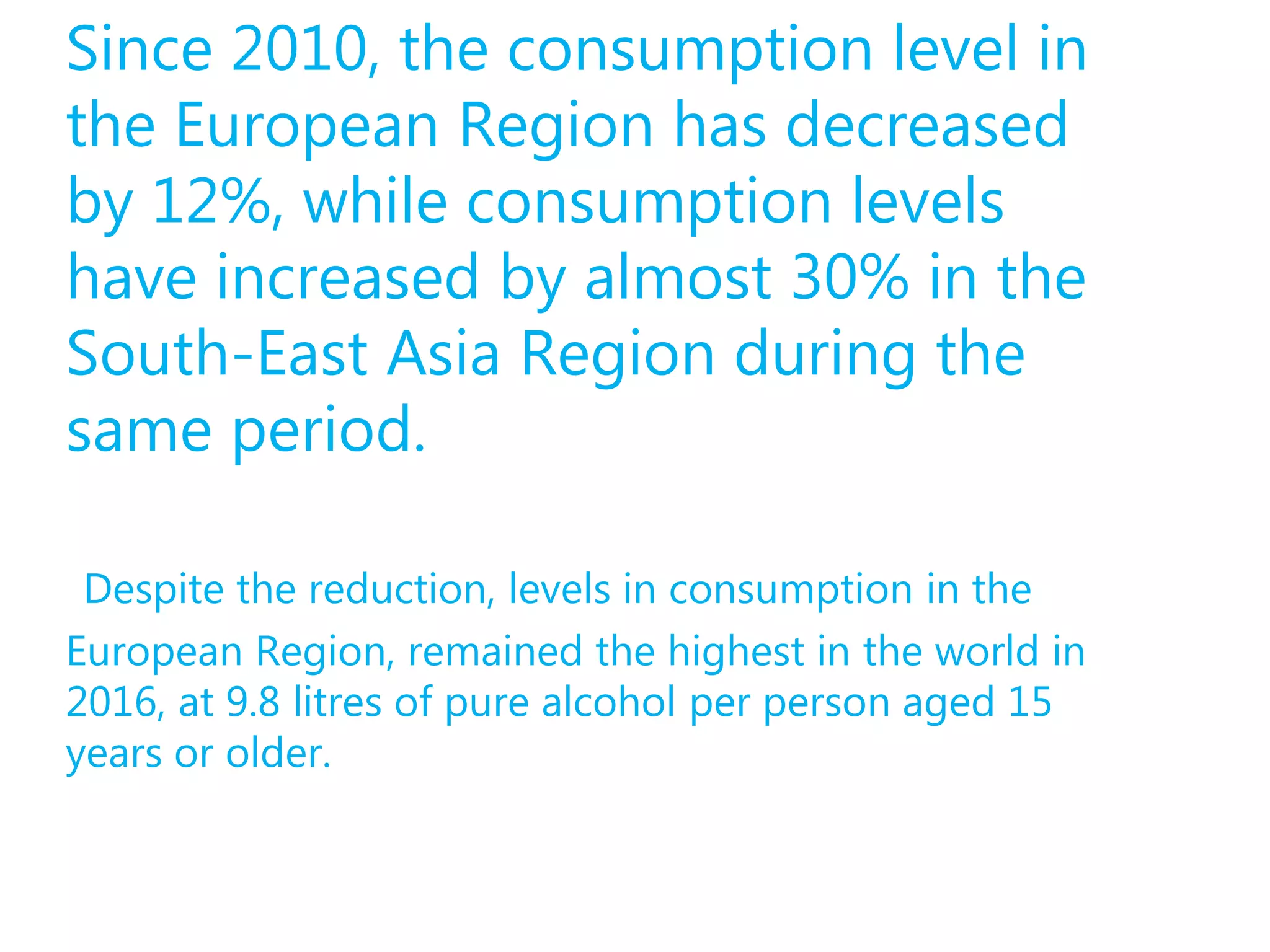 Since 2010, the consumption level in
the European Region has decreased
by 12%, while consumption levels
have increased by almost 30% in the
South-East Asia Region during the
same period.
Despite the reduction, levels in consumption in the
European Region, remained the highest in the world in
2016, at 9.8 litres of pure alcohol per person aged 15
years or older.
 