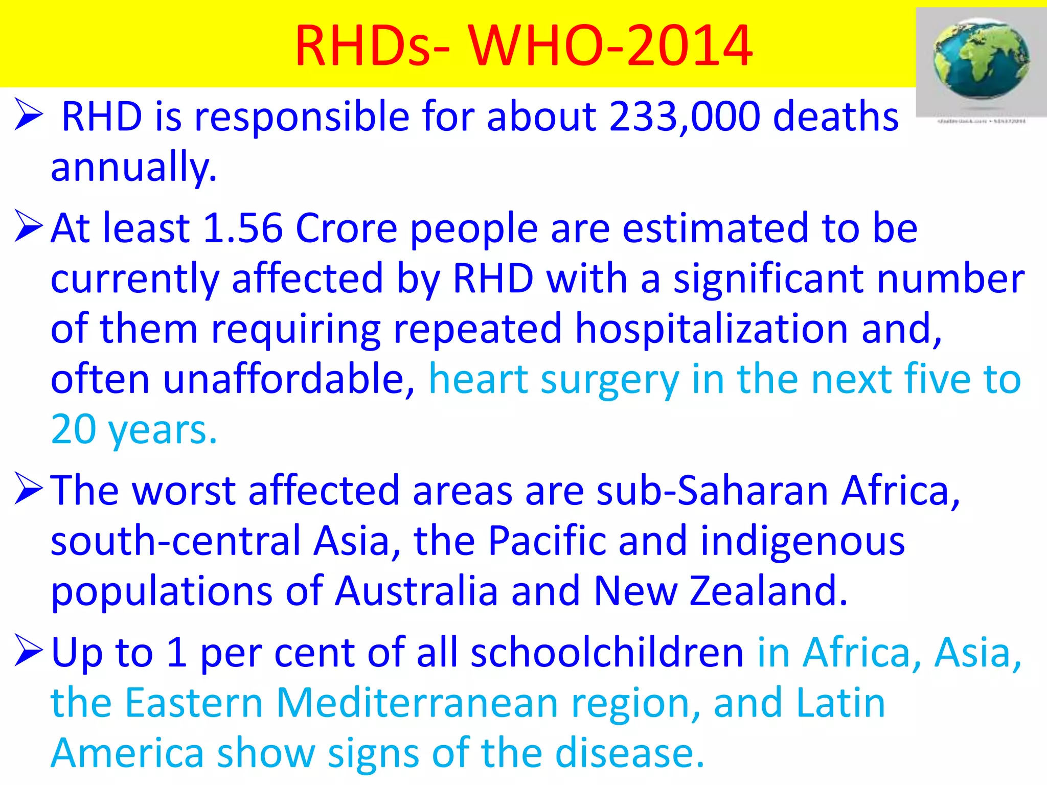 RHDs- WHO-2014
 RHD is responsible for about 233,000 deaths
annually.
At least 1.56 Crore people are estimated to be
currently affected by RHD with a significant number
of them requiring repeated hospitalization and,
often unaffordable, heart surgery in the next five to
20 years.
The worst affected areas are sub-Saharan Africa,
south-central Asia, the Pacific and indigenous
populations of Australia and New Zealand.
Up to 1 per cent of all schoolchildren in Africa, Asia,
the Eastern Mediterranean region, and Latin
America show signs of the disease.
 