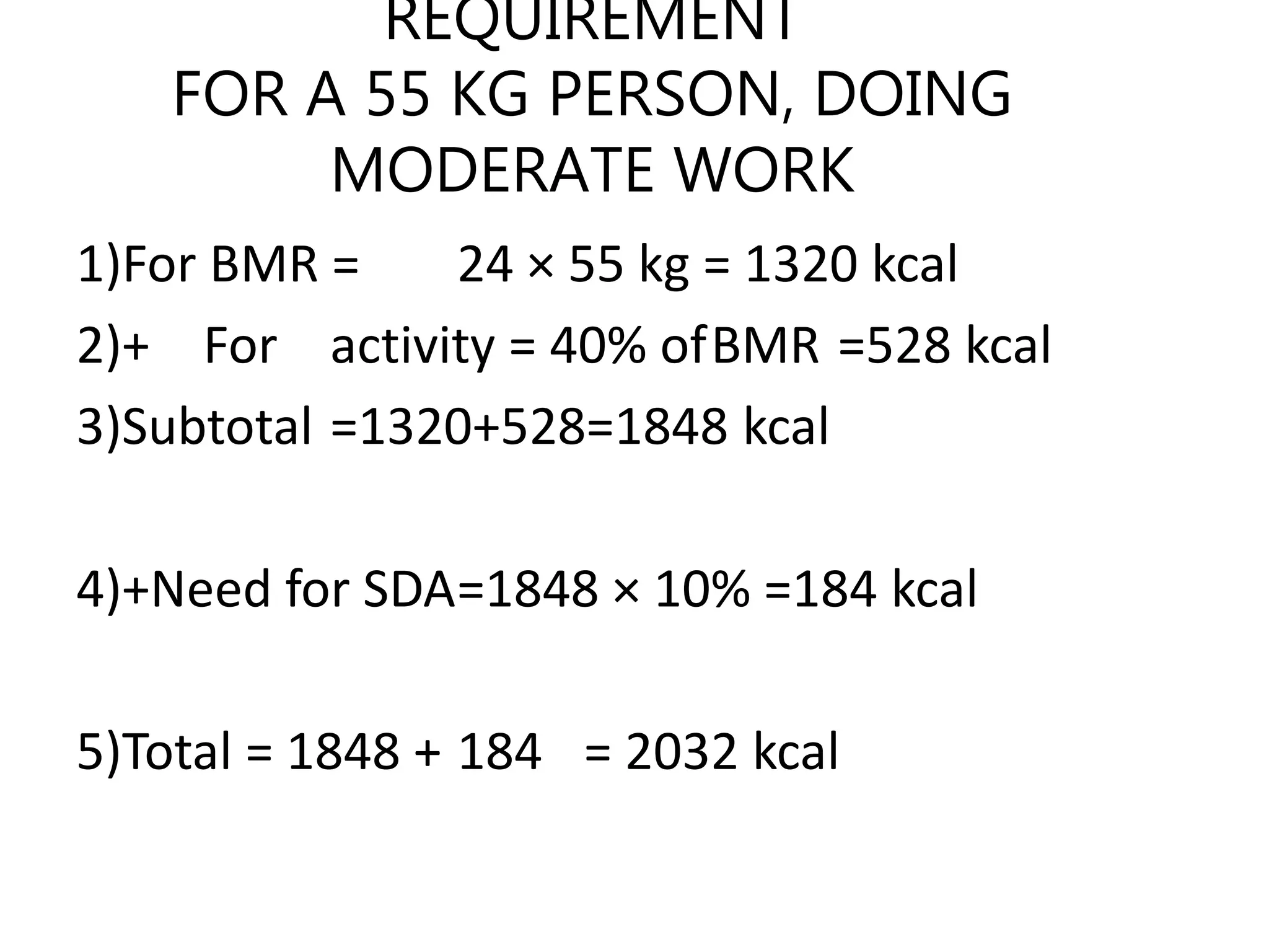 REQUIREMENT
FOR A 55 KG PERSON, DOING
MODERATE WORK
1)For BMR = 24 × 55 kg = 1320 kcal
2)+ For activity = 40% ofBMR =528 kcal
3)Subtotal =1320+528=1848 kcal
4)+Need for SDA=1848 × 10% =184 kcal
5)Total = 1848 + 184 = 2032 kcal
 