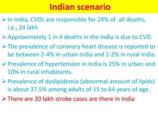 Indian scenario
In India, CVDs are responsible for 24% of all deaths,
i.e., 24 lakh
Approximately 1 in 4 deaths in the India is due to CVD.
The prevalence of coronary heart disease is reported to
be between 2-4% in urban India and 1-2% in rural India.
Prevalence of hypertension in India is 25% in urban and
10% in rural inhabitants.
Prevalence of dyslipidemia (abnormal amount of lipids)
is about 37.5% among adults of 15 to 64 years of age.
There are 20 lakh stroke cases are there in India
 