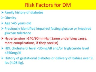 Risk Factors for DM
 Family history of diabetes
 Obesity
 Age >45 years old
 Previously identified impaired fasting glucose or impaired
glucose tolerance
 Hypertension >140/90mmHg ( Same underlying cause,
more complications, if they coexist)
 HDL cholesterol level <35mg/dl and/or triglyceride level
>250mg/dl
 History of gestational diabetes or delivery of babies over 9
lbs (4.08 Kg).
 