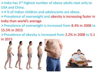 India has 3rd highest number of obese adults next only to
USA and China.
4 % of Indian children and adolescents are obese.
Prevalence of overweight and obesity is increasing faster in
India than world’s average
Prevalence of overweight is increased from 8.4% in 2008 to
15.5% in 2015
Prevalence of obesity is increased from 2.2% in 2008 to 5.1
in 2015
 