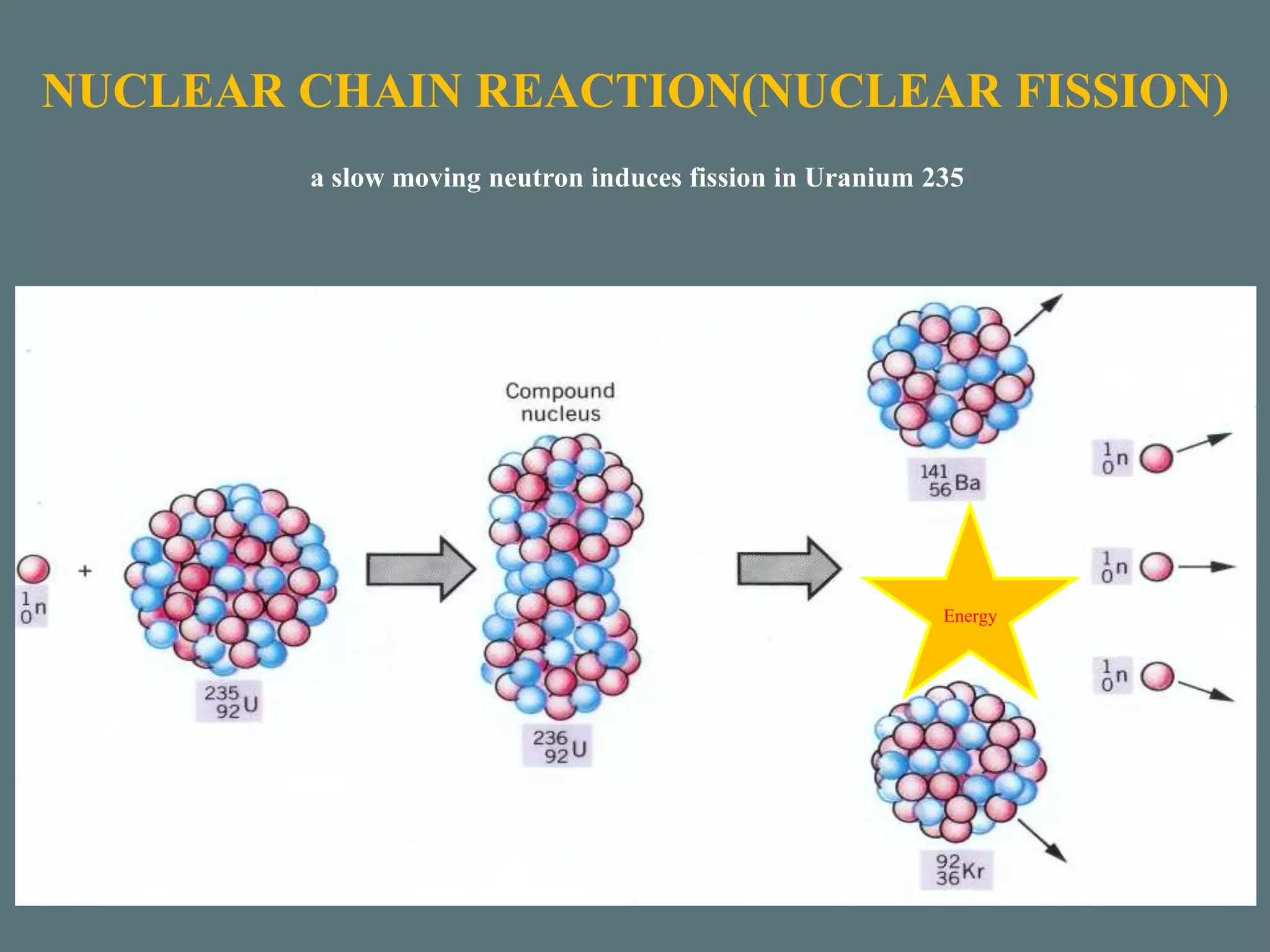 NUCLEAR CHAIN REACTION(NUCLEAR FISSION)
a slow moving neutron induces fission in Uranium 235
Energy
 