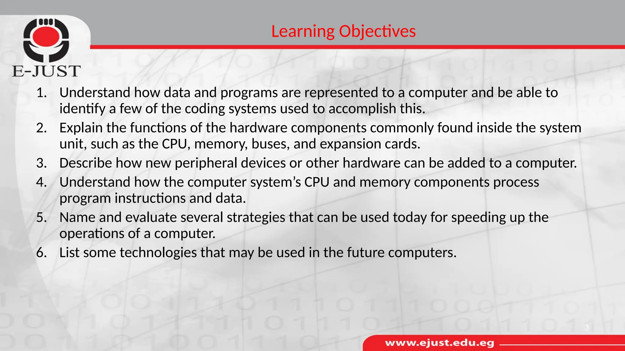 Learning Objectives
1. Understand how data and programs are represented to a computer and be able to
identify a few of the coding systems used to accomplish this.
2. Explain the functions of the hardware components commonly found inside the system
unit, such as the CPU, memory, buses, and expansion cards.
3. Describe how new peripheral devices or other hardware can be added to a computer.
4. Understand how the computer system’s CPU and memory components process
program instructions and data.
5. Name and evaluate several strategies that can be used today for speeding up the
operations of a computer.
6. List some technologies that may be used in the future computers.
3
 