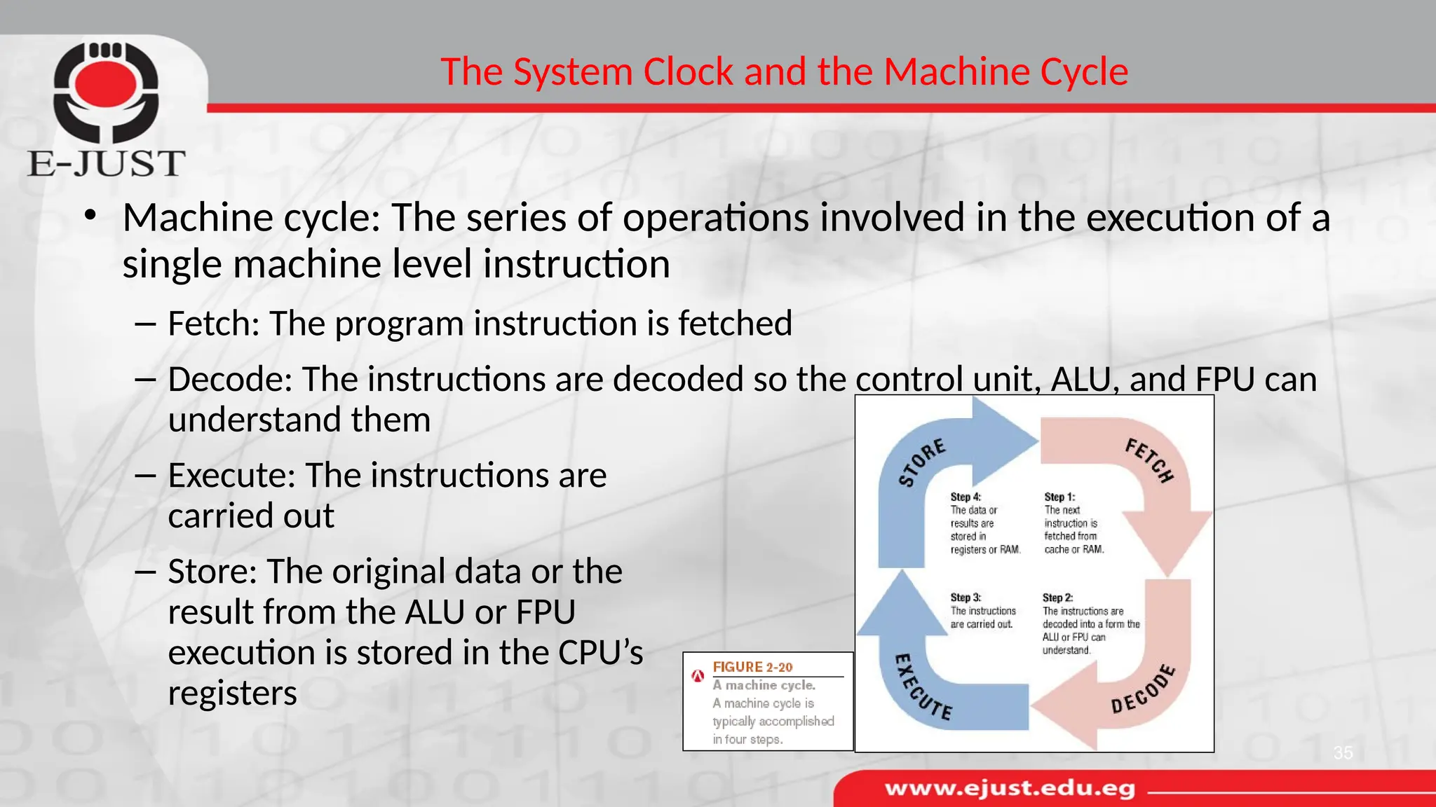 The System Clock and the Machine Cycle
• Machine cycle: The series of operations involved in the execution of a
single machine level instruction
– Fetch: The program instruction is fetched
– Decode: The instructions are decoded so the control unit, ALU, and FPU can
understand them
– Execute: The instructions are
carried out
– Store: The original data or the
result from the ALU or FPU
execution is stored in the CPU’s
registers
35
 