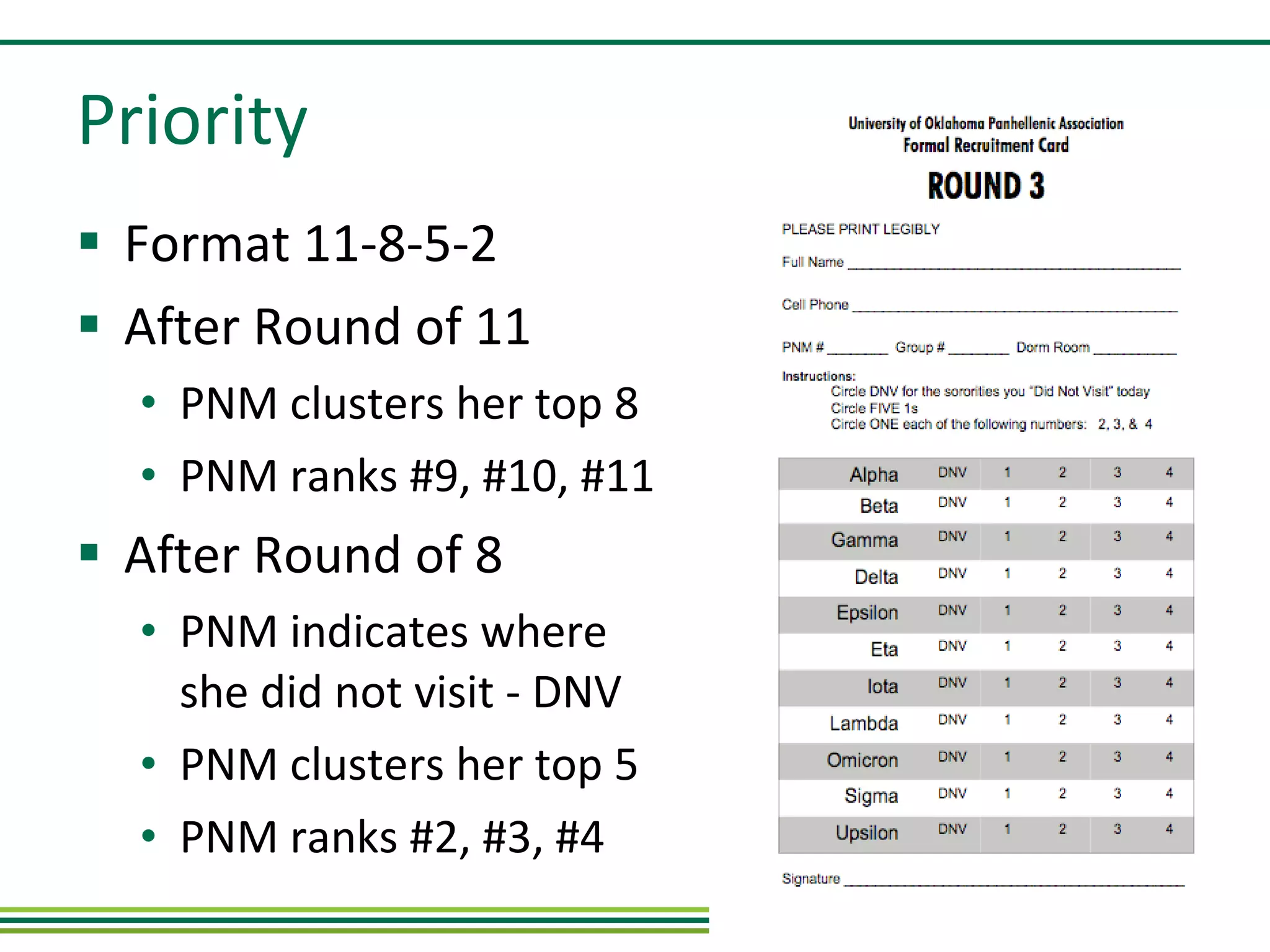 Priority Format 11-8-5-2 After Round of 11 PNM clusters her top 8 PNM ranks #9, #10, #11 After Round of 8 PNM indicates where she did not visit - DNV PNM clusters her top 5 PNM ranks #2, #3, #4 