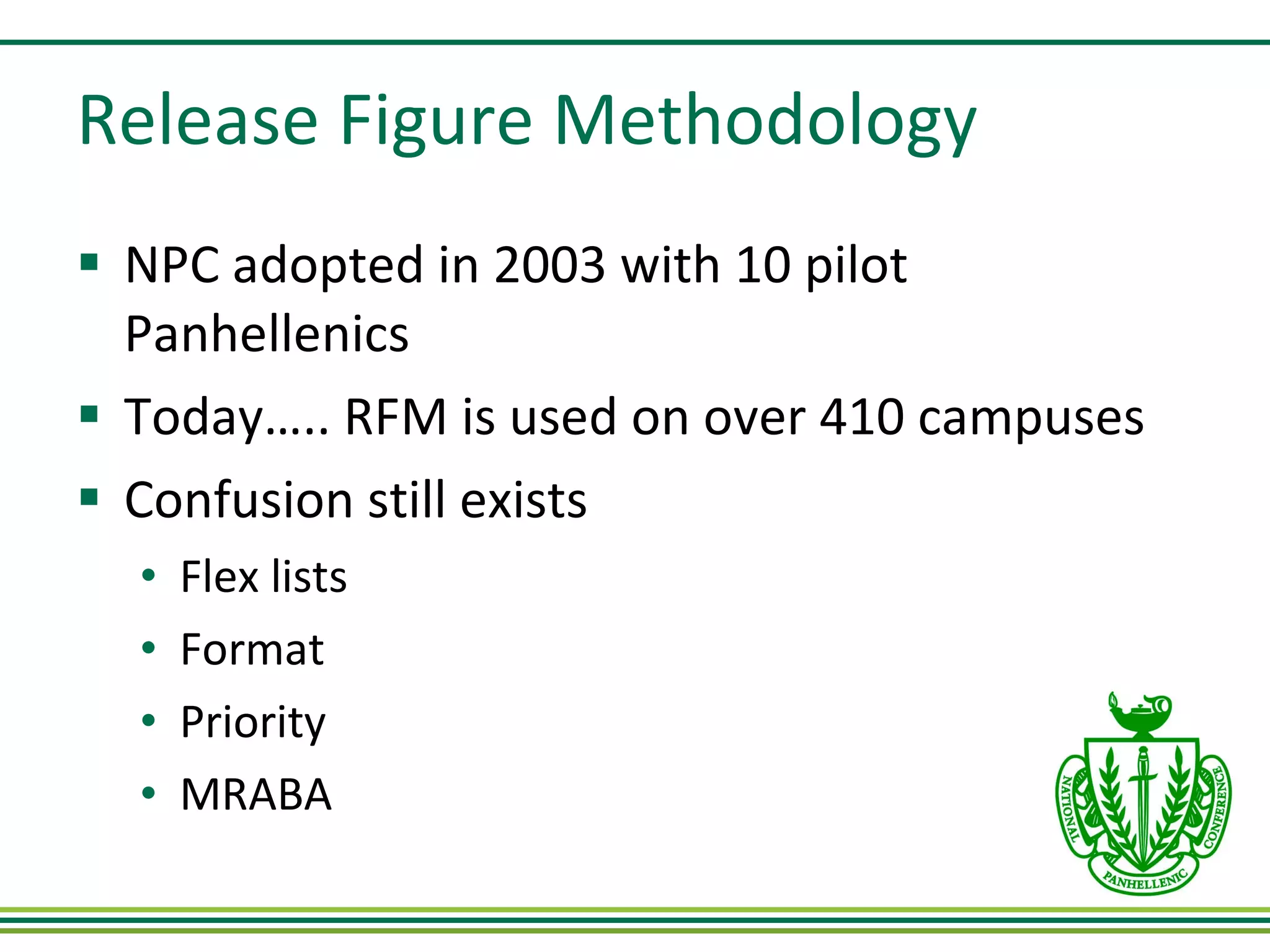Release Figure Methodology NPC adopted in 2003 with 10 pilot Panhellenics Today….. RFM is used on over 410 campuses Confusion still exists Flex lists Format Priority MRABA 