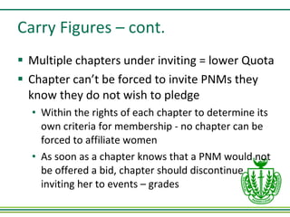 Carry Figures – cont. Multiple chapters under inviting = lower Quota Chapter can’t be forced to invite PNMs they know they do not wish to pledge Within the rights of each chapter to determine its own criteria for membership - no chapter can be forced to affiliate women As soon as a chapter knows that a PNM would not be offered a bid, chapter should discontinue inviting her to events – grades 