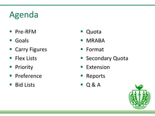 Agenda Pre-RFM Goals Carry Figures Flex Lists Priority Preference Bid Lists Quota MRABA Format Secondary Quota Extension Reports Q & A 