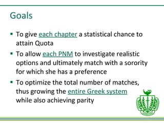 Goals To give  each chapter   a statistical chance to attain Quota To allow  each PNM   to investigate realistic options and ultimately match with a sorority for which she has a preference To optimize the total number of matches, thus growing the  entire Greek system   while also achieving parity  