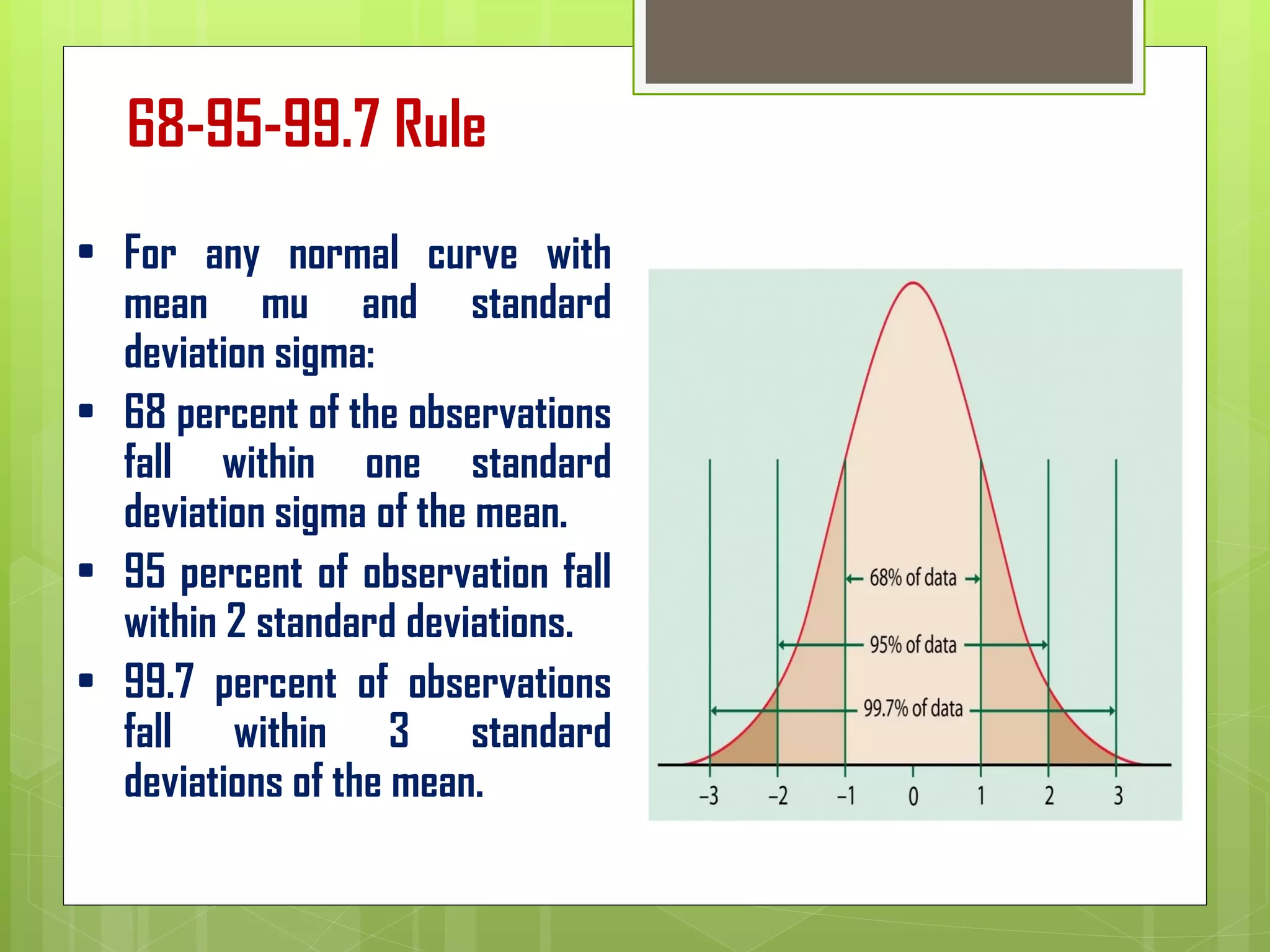 68-95-99.7 Rule
• For any normal curve with
mean mu and standard
deviation sigma:
• 68 percent of the observations
fall within one standard
deviation sigma of the mean.
• 95 percent of observation fall
within 2 standard deviations.
• 99.7 percent of observations
fall within 3 standard
deviations of the mean.
 
