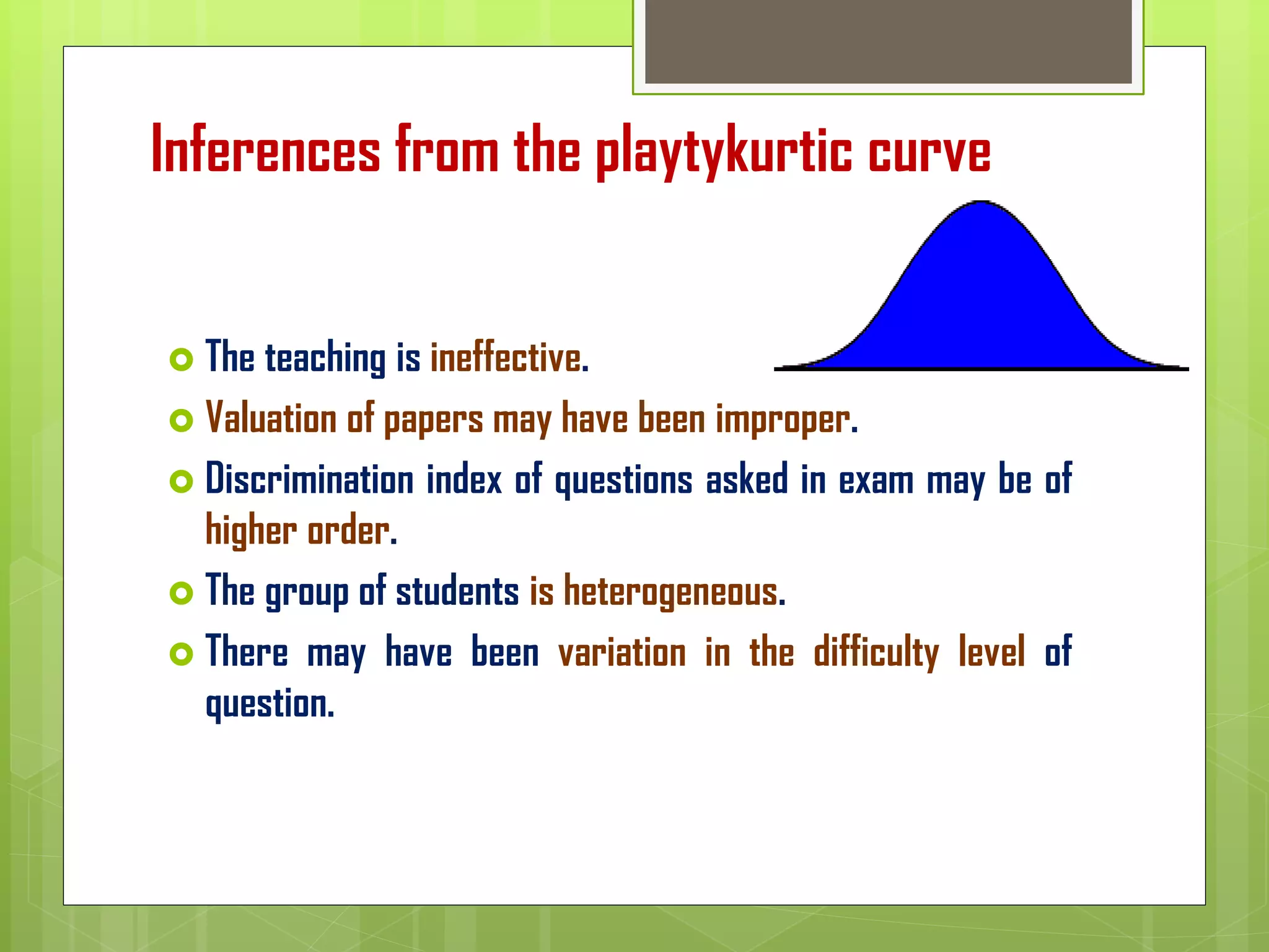 Inferences from the playtykurtic curve
 The teaching is ineffective.
 Valuation of papers may have been improper.
 Discrimination index of questions asked in exam may be of
higher order.
 The group of students is heterogeneous.
 There may have been variation in the difficulty level of
question.
 