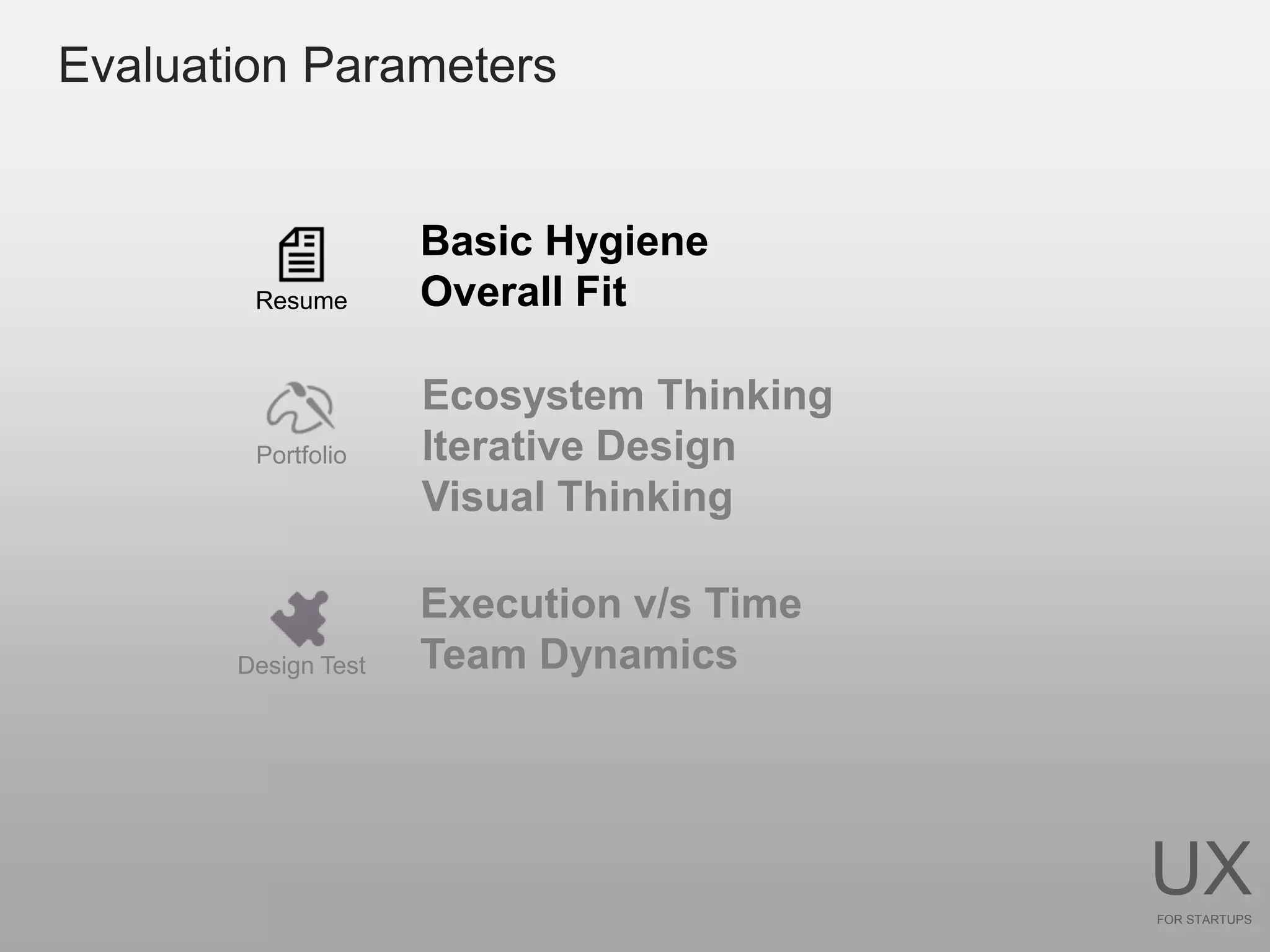 Evaluation Parameters


                     Basic Hygiene
        Resume       Overall Fit

                     Ecosystem Thinking
        Portfolio    Iterative Design
                     Visual Thinking

                     Execution v/s Time
       Design Test   Team Dynamics




                                          UX
                                          FOR STARTUPS
 