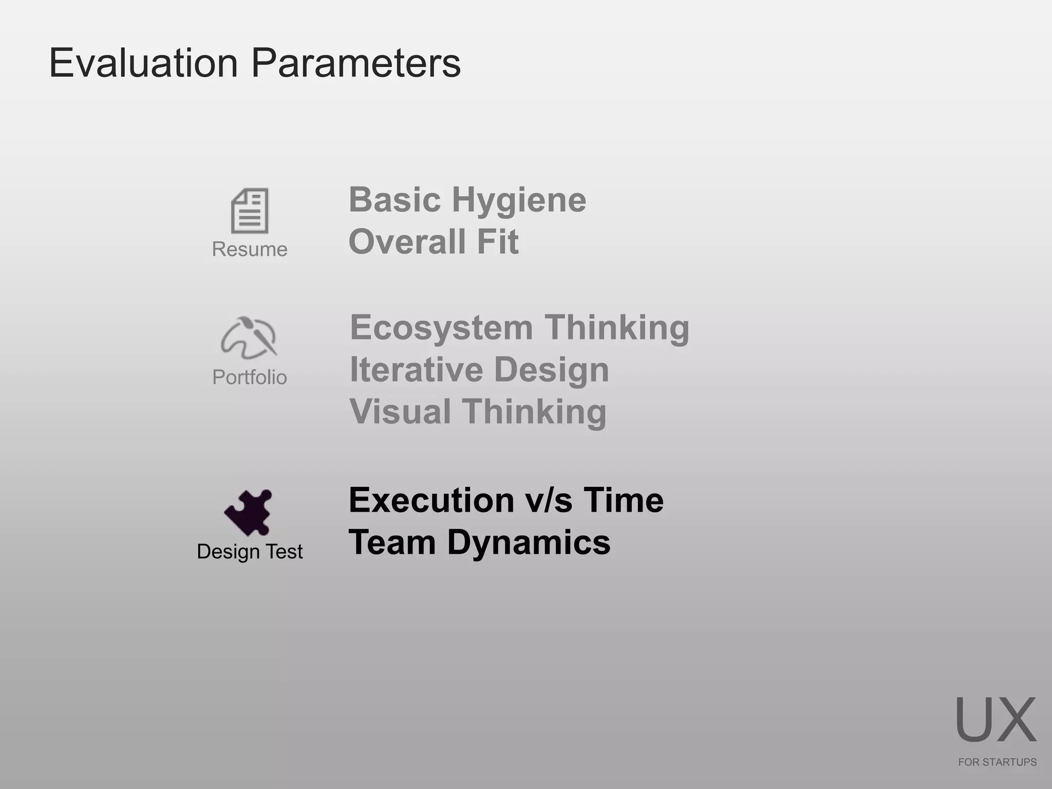 Evaluation Parameters


                     Basic Hygiene
        Resume       Overall Fit

                     Ecosystem Thinking
        Portfolio    Iterative Design
                     Visual Thinking

                     Execution v/s Time
       Design Test   Team Dynamics




                                          UX
                                          FOR STARTUPS
 