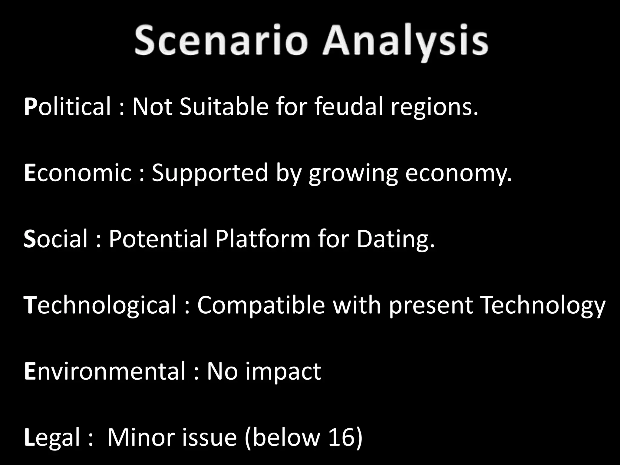 Political : Not Suitable for feudal regions.

Economic : Supported by growing economy.

Social : Potential Platform for Dating.

Technological : Compatible with present Technology

Environmental : No impact

Legal : Minor issue (below 16)
 