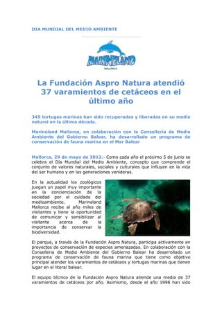 DIA MUNDIAL DEL MEDIO AMBIENTE




  La Fundación Aspro Natura atendió
   37 varamientos de cetáceos en el
             último año
345 tortugas marinas han sido recuperadas y liberadas en su medio
natural en la última década.

Marineland Mallorca, en colaboración con la Consellería de Medio
Ambiente del Gobierno Balear, ha desarrollado un programa de
conservación de fauna marina en el Mar Balear


Mallorca, 29 de mayo de 2012.- Como cada año el próximo 5 de junio se
celebra el Día Mundial del Medio Ambiente, concepto que comprende el
conjunto de valores naturales, sociales y culturales que influyen en la vida
del ser humano y en las generaciones venideras.

En la actualidad los zoológicos
juegan un papel muy importante
en la concienciación de la
sociedad por el cuidado del
medioambiente.         Marineland
Mallorca recibe al año miles de
visitantes y tiene la oportunidad
de comunicar y sensibilizar al
visitante     acerca    de      la
importancia de conservar la
biodiversidad.

El parque, a través de la Fundación Aspro Natura, participa activamente en
proyectos de conservación de especies amenazadas. En colaboración con la
Conselleria de Medio Ambiente del Gobierno Balear ha desarrollado un
programa de conservación de fauna marina que tiene como objetivo
principal atender los varamientos de cetáceos y tortugas marinas que tienen
lugar en el litoral balear.

El equipo técnico de la Fundación Aspro Natura atiende una media de 37
varamientos de cetáceos por año. Asimismo, desde el año 1998 han sido
 