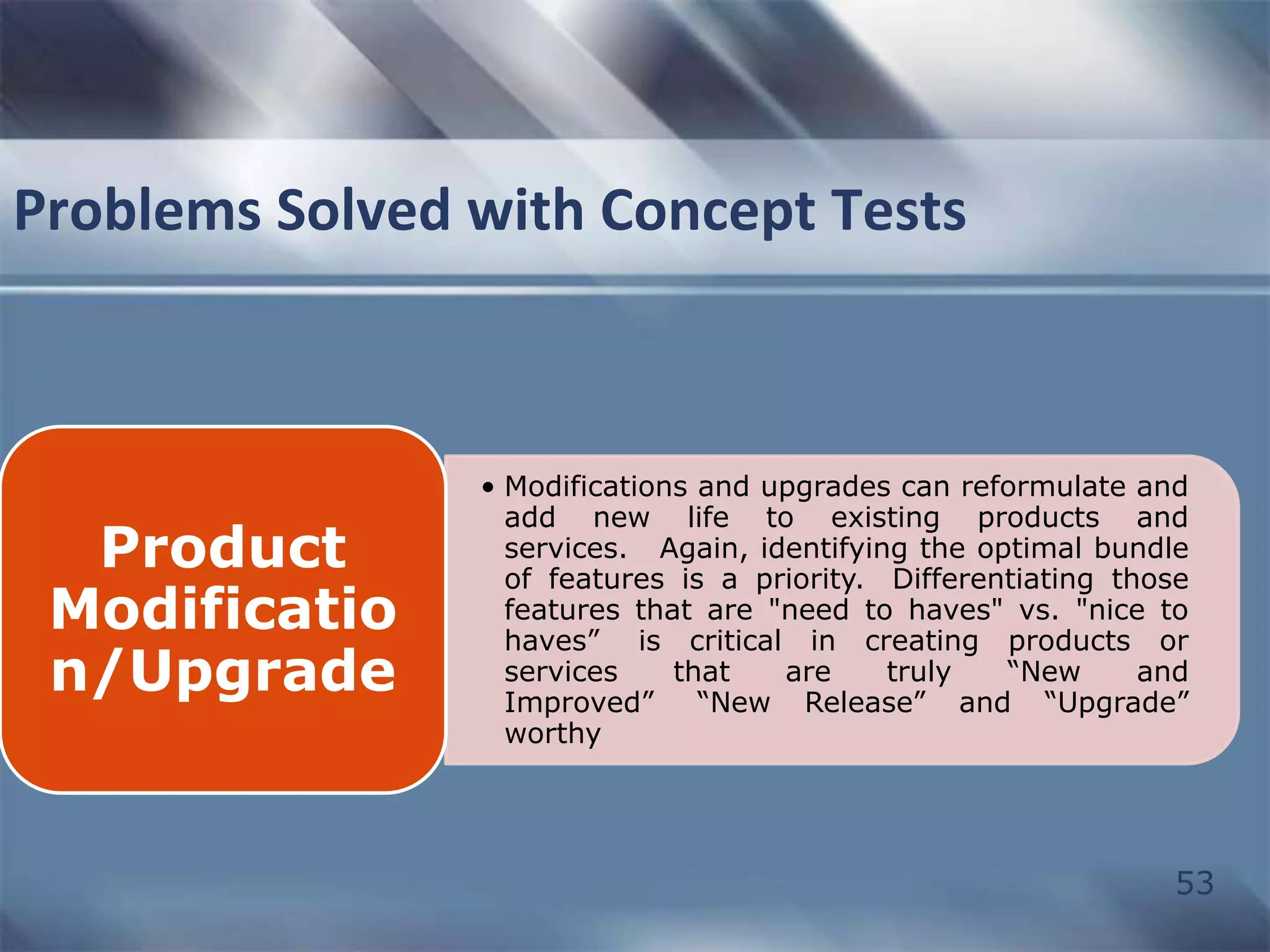 53 
Problems Solved with Concept Tests 
• Modifications and upgrades can reformulate and 
add new life to existing products and 
services. Again, identifying the optimal bundle 
of features is a priority. Differentiating those 
features that are "need to haves" vs. "nice to 
haves” is critical in creating products or 
services that are truly “New and 
Improved” “New Release” and “Upgrade” 
worthy 
Product 
Modificatio 
n/Upgrade 
 