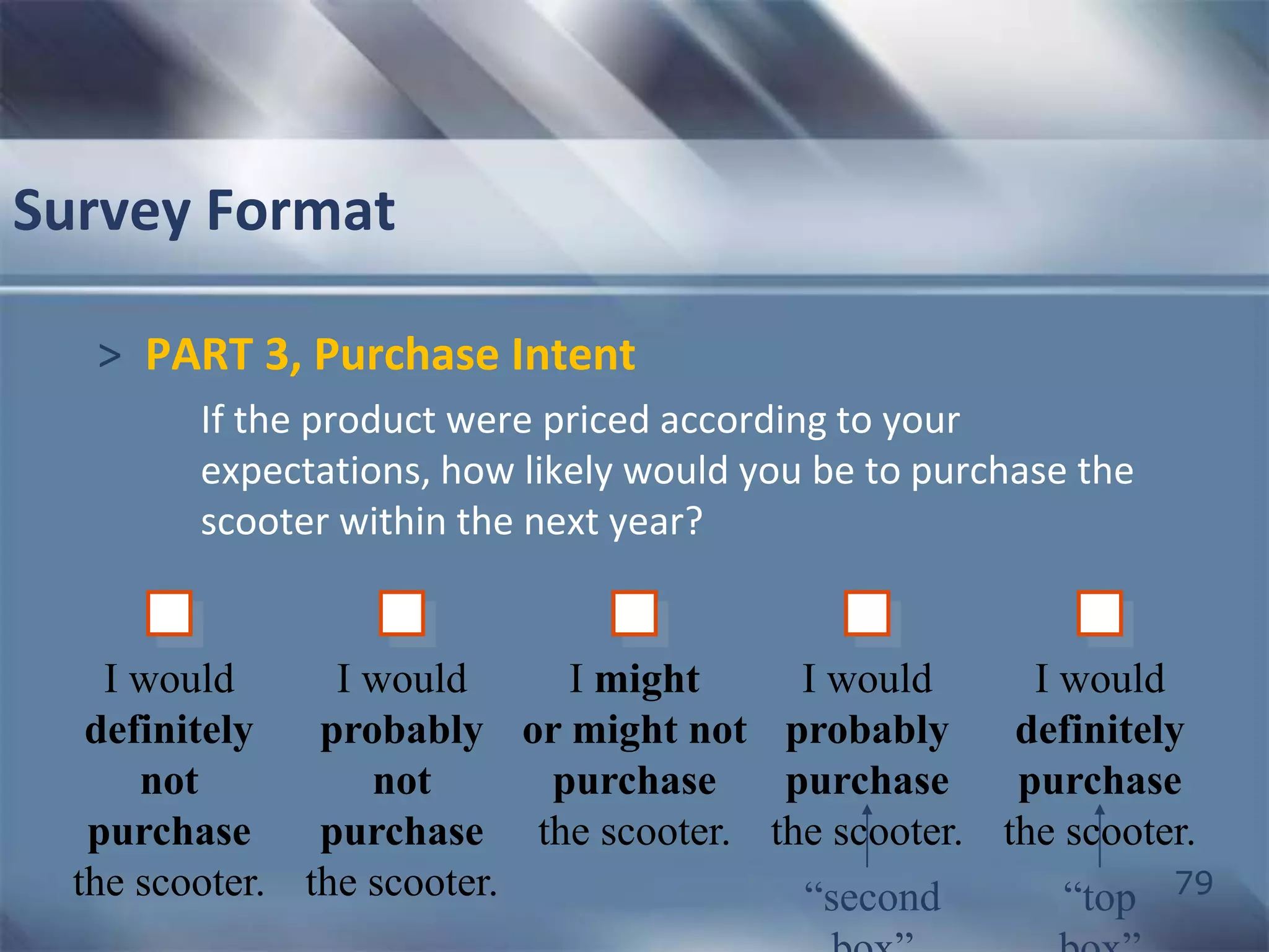 79 
Survey Format 
> PART 3, Purchase Intent 
If the product were priced according to your 
expectations, how likely would you be to purchase the 
scooter within the next year? 
I would 
definitely 
not 
purchase 
the scooter. 
I might 
or might not 
purchase 
the scooter. 
I would 
definitely 
purchase 
the scooter. 
I would 
probably 
not 
purchase 
the scooter. 
I would 
probably 
purchase 
the scooter. 
“top 
box” 
“second 
box” 
 