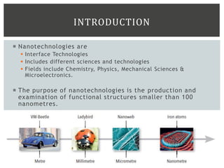  Nanotechnologies are
 Interface Technologies
 Includes different sciences and technologies
 Fields include Chemistry, Physics, Mechanical Sciences &
Microelectronics.
 The purpose of nanotechnologies is the production and
examination of functional structures smaller than 100
nanometres.
INTRODUCTION
 