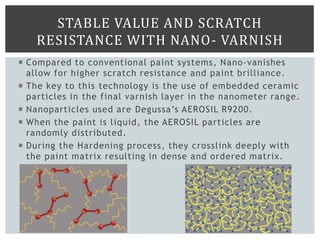  Compared to conventional paint systems, Nano-vanishes
allow for higher scratch resistance and paint brilliance.
 The key to this technology is the use of embedded ceramic
particles in the final varnish layer in the nanometer range.
 Nanoparticles used are Degussa’s AEROSIL R9200.
 When the paint is liquid, the AEROSIL particles are
randomly distributed.
 During the Hardening process, they crosslink deeply with
the paint matrix resulting in dense and ordered matrix.
STABLE VALUE AND SCRATCH
RESISTANCE WITH NANO- VARNISH
 