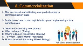 8. Commercialization
 After successful market testing, new product comes to
commercialization stage
 Production of new product rapidly build up and implementing a total
marketing plan
 Decision for launching new product
A. When to launch (Timing)
B. Where to launch (Geographic strategy)
C. To Whom (Target-Market Prospects)
D. How to launch (Introductory Market Stategy)
 