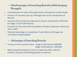 –

• Cannibalization of sales of Renagel which is already the market leader
• Chances of Inventory pile-up of Renagel due to the introduction of
  Renvela
• Genzyme did not have the approval to discuss the benefits of Renvela
  for Stage 3 and 4 CKD Patients.
• It would not also help with the problem of Patent expiration which was
  due in 2014
• Potential advantage to competitors if side effects of Renagel are
  reminded to Nephrologists

    –
• Increase in the consumer base – Stage 4 CKD patients 400,000
                                  Stage 3 CKD patients 7500,000
• Better growth prospects in terms of capturing other relevant
  markets, thereby contributing greatly to revenues
 