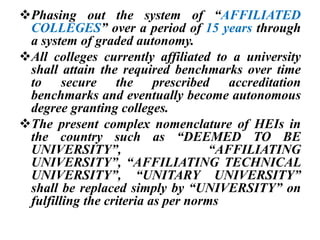 Phasing out the system of “AFFILIATED
COLLEGES” over a period of 15 years through
a system of graded autonomy.
All colleges currently affiliated to a university
shall attain the required benchmarks over time
to secure the prescribed accreditation
benchmarks and eventually become autonomous
degree granting colleges.
The present complex nomenclature of HEIs in
the country such as “DEEMED TO BE
UNIVERSITY”, “AFFILIATING
UNIVERSITY”, “AFFILIATING TECHNICAL
UNIVERSITY”, “UNITARY UNIVERSITY”
shall be replaced simply by “UNIVERSITY” on
fulfilling the criteria as per norms
 