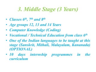 3. Middle Stage (3 Years)
• Classes 6th, 7th and 8th
• Age groups 12, 13 and 14 Years
• Computer Knowledge (Coding)
• Vocational / Technical Education from class 6th
• One of the Indian languages to be taught at this
stage (Sanskrit, Mithali, Malayalam, Kananada)
(OPTIONAL)
• 10 days internship programmes in the
curriculum
 