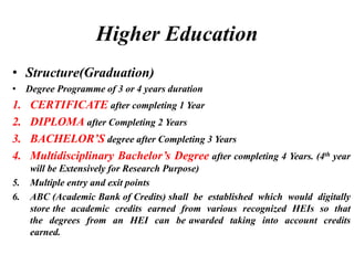 Higher Education
• Structure(Graduation)
• Degree Programme of 3 or 4 years duration
1. CERTIFICATE after completing 1 Year
2. DIPLOMA after Completing 2 Years
3. BACHELOR’S degree after Completing 3 Years
4. Multidisciplinary Bachelor’s Degree after completing 4 Years. (4th year
will be Extensively for Research Purpose)
5. Multiple entry and exit points
6. ABC (Academic Bank of Credits) shall be established which would digitally
store the academic credits earned from various recognized HEIs so that
the degrees from an HEI can be awarded taking into account credits
earned.
 