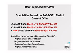 Metal replacement offer
Specialties based on PA66-GF : Radici
Current Offer
50% GF PA66 Radilon® A RV500RW bk 339
35% GF PA66 Radilon® A RV350RW bk 33935% GF PA66 Radilon® A RV350RW bk 339
New ! 60% GF PA66 Radistrong® A X7957
that offers (when compared to standard PA66-GF):
- Higher tensile stress at break
- Higher deformation at break
- Improved welding line resistance
- Higher impact resistance
 