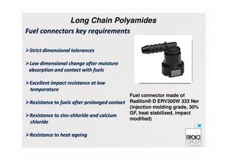 Long Chain Polyamides
Fuel connector made of
Radilon® D ERV300W 333 Ner
(injection molding grade, 30%
GF, heat stabilized, impact
modified)
 