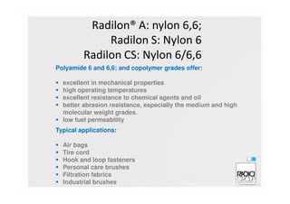 Radilon® A: nylon 6,6;
Radilon S: Nylon 6
Radilon CS: Nylon 6/6,6
Polyamide 6 and 6,6; and copolymer grades offer:
excellent in mechanical properties
high operating temperatures
excellent resistance to chemical agents and oil
better abrasion resistance, especially the medium and highbetter abrasion resistance, especially the medium and high
molecular weight grades.
low fuel permeability
Typical applications:
Air bags
Tire cord
Hook and loop fasteners
Personal care brushes
Filtration fabrics
Industrial brushes
 