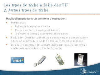 Les types de triche à l’aide des TIC  2. Autres types de triche Habituellement dans un contexte d’évaluation  : Ordinateur :  Échanger de réponses via MSN Rechercher de l’information sur Internet Introduire sa clef USB qui contient des données Cellulaire : l’étudiant envoie un message texte à une personne située en dehors de la salle d’examen et reçoit sa réponse Baladeur numérique (IPod) bien dissimulé :  écouter un fichier audio qui contient la matière de l’examen  