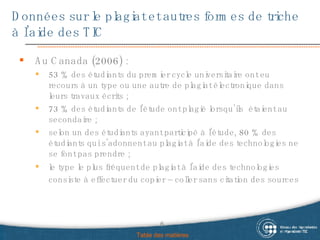 Données sur le plagiat et autres formes de triche à l’aide des TIC Au Canada (2006) : 53 % des étudiants du premier cycle universitaire ont eu recours à un type ou une autre de plagiat électronique dans leurs travaux écrits ;  73 % des étudiants de l’étude ont plagié lorsqu’ils  étaient au secondaire ; selon un des étudiants ayant participé à l’étude, 80 % des étudiants qui s’adonnent au plagiat à l’aide des technologies ne se font pas prendre ; le type le plus fréquent de plagiat à l’aide des technologies consiste à effectuer du copier – coller sans citation des sources   Table des matières 