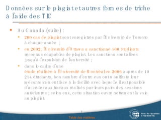 Données sur le plagiat et autres formes de triche à l’aide des TIC Au Canada (suite) : 200 cas de plagiat  sont enregistrés par l’Université de Toronto à chaque année  ; en 2002, l’Université d’Ottawa a sanctionné 100 étudiants  reconnus coupables de plagiat. Les sanctions sont allées jusqu’à l’expulsion de l’université ;  dans le cadre d’une  étude réalisée à l’Université de Montréal en 2006  auprès de 10  214 étudiants, bon nombre d’entre eux ont manifesté leur mécontentement face à la facilité avec laquelle il est possible d’accéder aux travaux réalisés par leurs pairs des sessions antérieures ; selon eux, cette situation ouvre nettement la voie au plagiat. Table des matières 