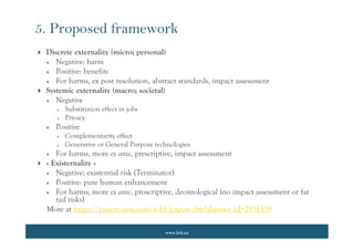 www.lcii.eu
5. Proposed framework
 Discrete externality (micro; personal)
 Negative: harm
 Positive: benefits
 For harms, ex post resolution, abstract standards, impact assessment
 Systemic externality (macro; societal)
 Negative
 Substitution effect in jobs
 Privacy
 Positive
 Complementarity effect
 Generative or General Purpose technologies
 For harms, more ex ante, prescriptive, impact assessment
 « Existernality »
 Negative: existential risk (Terminator)
 Positive: pure human enhancement
 For harms, more ex ante, proscriptive, deontological (no impact assessment or fat
tail risks)
More at https://papers.ssrn.com/sol3/papers.cfm?abstract_id=2931339
 