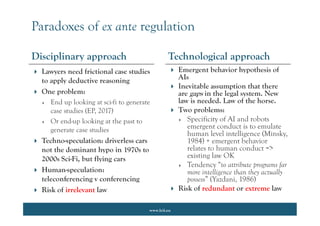 www.lcii.eu
Paradoxes of ex ante regulation
Disciplinary approach
 Lawyers need frictional case studies
to apply deductive reasoning
 One problem:
 End up looking at sci-fi to generate
case studies (EP, 2017)
 Or end-up looking at the past to
generate case studies
 Techno-speculation: driverless cars
not the dominant hypo in 1970s to
2000s Sci-Fi, but flying cars
 Human-speculation:
teleconferencing v conferencing
 Risk of irrelevant law
Technological approach
 Emergent behavior hypothesis of
AIs
 Inevitable assumption that there
are gaps in the legal system. New
law is needed. Law of the horse.
 Two problems:
 Specificity of AI and robots
emergent conduct is to emulate
human level intelligence (Minsky,
1984) + emergent behavior
relates to human conduct =>
existing law OK
 Tendency “to attribute programs far
more intelligence than they actually
possess” (Yazdani, 1986)
 Risk of redundant or extreme law
 