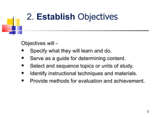 2.  Establish  Obje ctives Objectives will - Specify what they will learn and do. Serve as a guide for determining content. Select and sequence topics or units of study. Identify instructional techniques and materials. Provide methods for evaluation and achievement. 